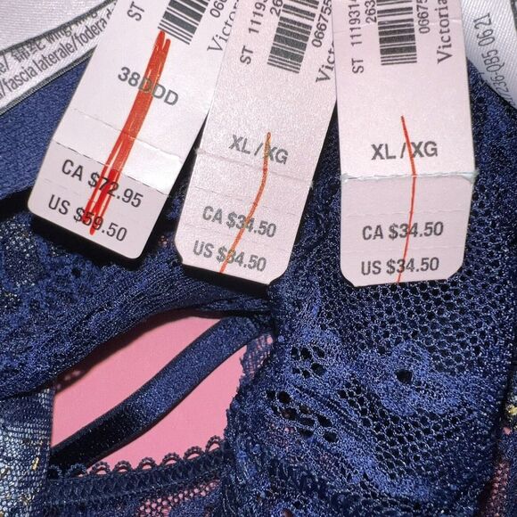 Victoria's Secret unlined 32C,32DDD BRA SET garter thong NAVY BLUE pink applique - Picture 8 of 8